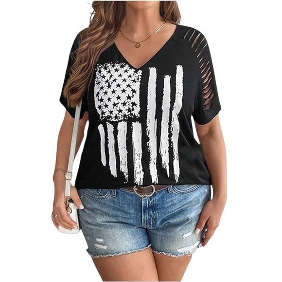 Women's Plus Short Sleeve Knit Black and White Flag Graphic V-Neck Top. 3X #1510 - Picture 1 of 6